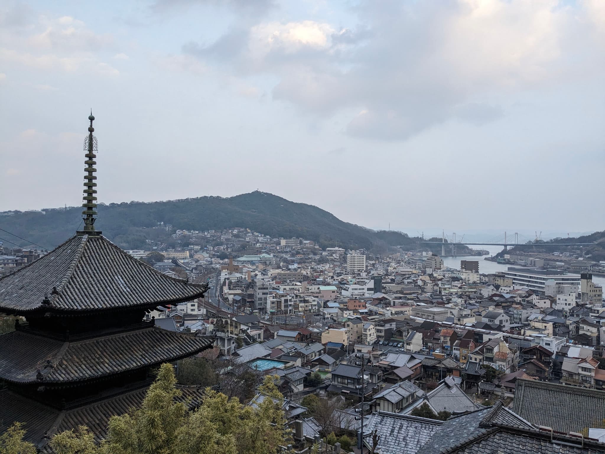 A scenic view of a city with traditional Japanese architecture, featuring a pagoda in the foreground and a hilly landscape in the background under a cloudy sky