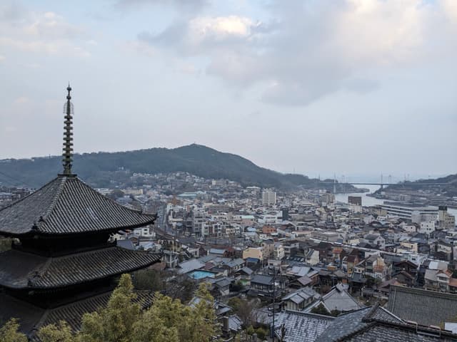 A scenic view of a city with traditional Japanese architecture, featuring a pagoda in the foreground and a hilly landscape in the background under a cloudy sky
