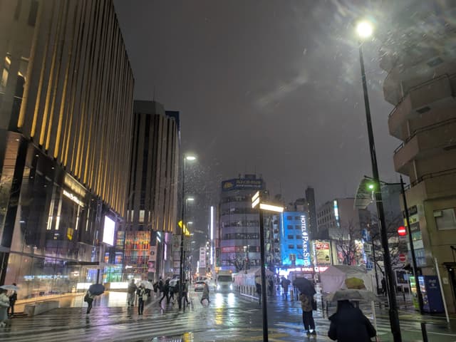 A bustling city street at night with illuminated buildings, bright signage, and people walking under umbrellas in the rain