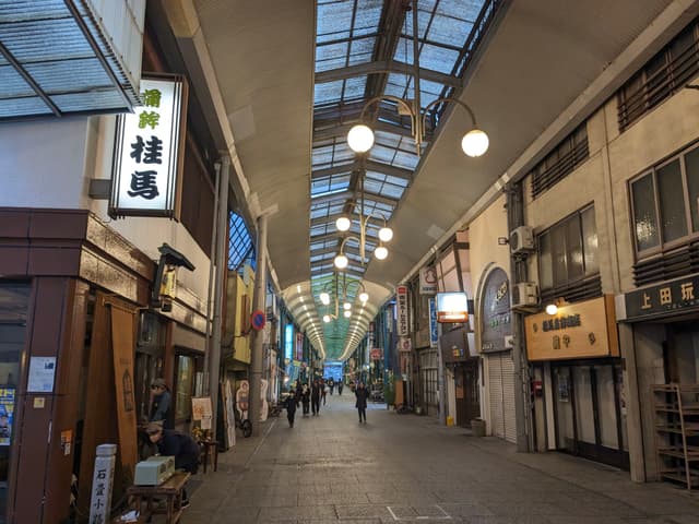 A covered shopping street with a high ceiling, lined with various shops and signs in Japanese. The walkway is paved, and a few people are walking along the path. Hanging lights illuminate the area