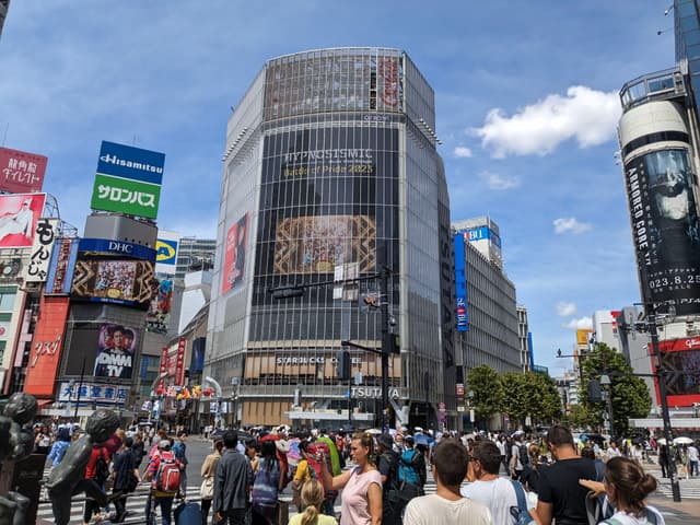 A bustling urban scene with a large crowd crossing a busy intersection surrounded by tall buildings adorned with colorful advertisements and digital screens under a clear blue sky