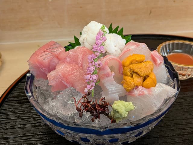 A bowl of assorted sashimi on ice, featuring various types of raw fish, sea urchin, and garnishes, with a small dish of sauce in the background