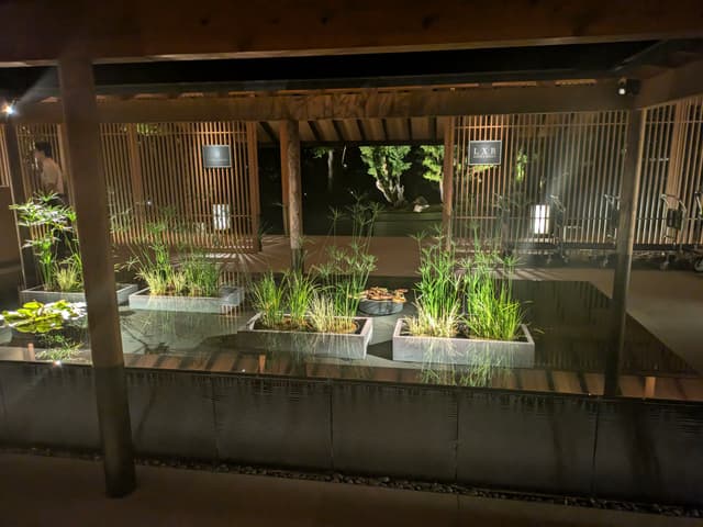 A serene indoor garden with rectangular planters filled with various plants, surrounded by wooden structures and softly lit by overhead lights
