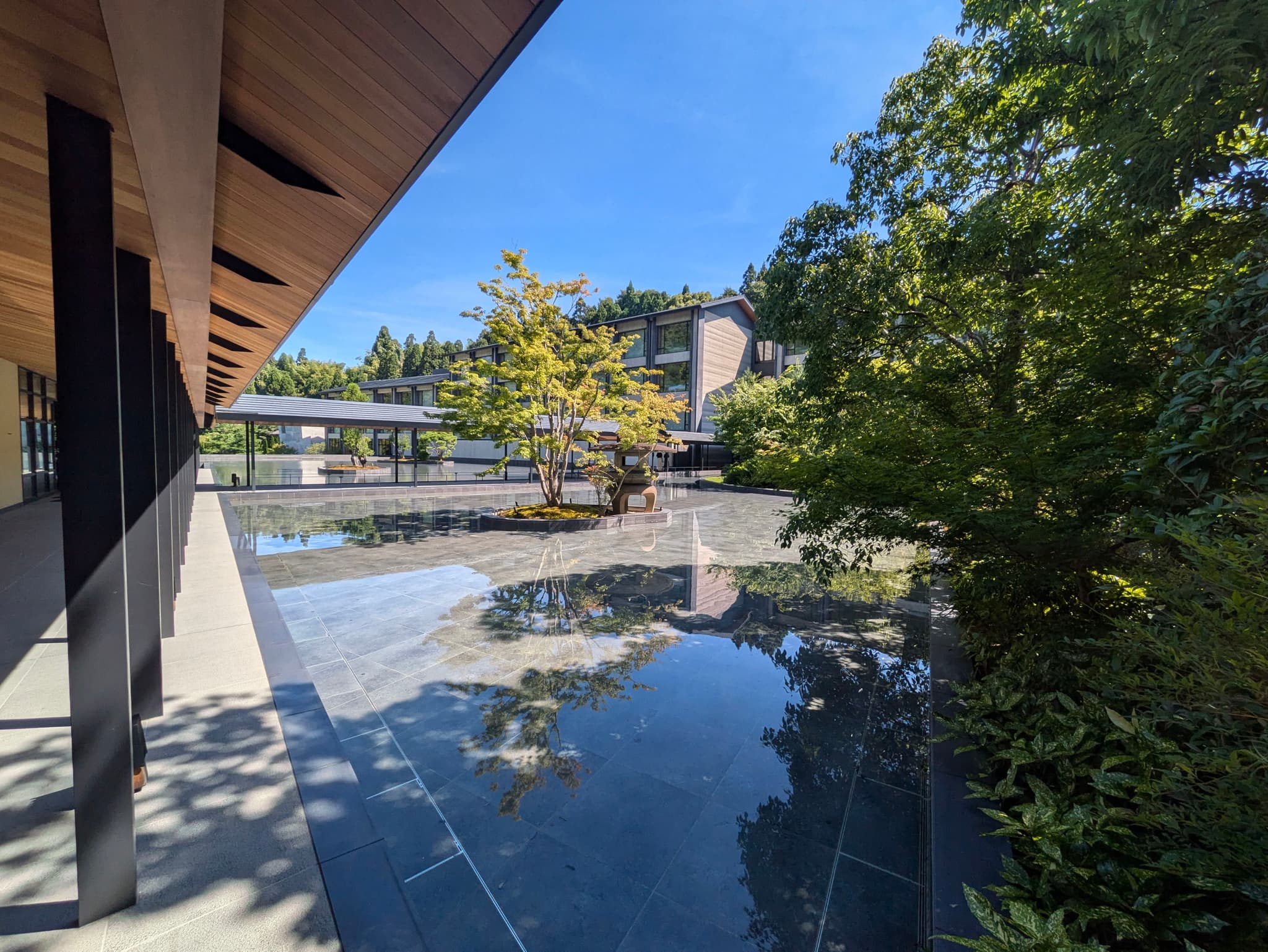 A modern architectural structure with a reflective water feature, surrounded by lush greenery and a clear blue sky